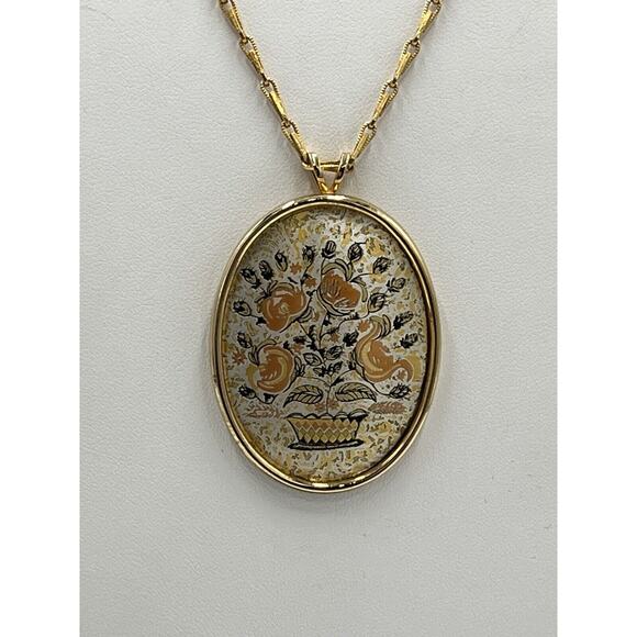 Reed & Barton Damascene Orange flowers Oval Pendant Gold Tone Necklace - Picture 5 of 13
